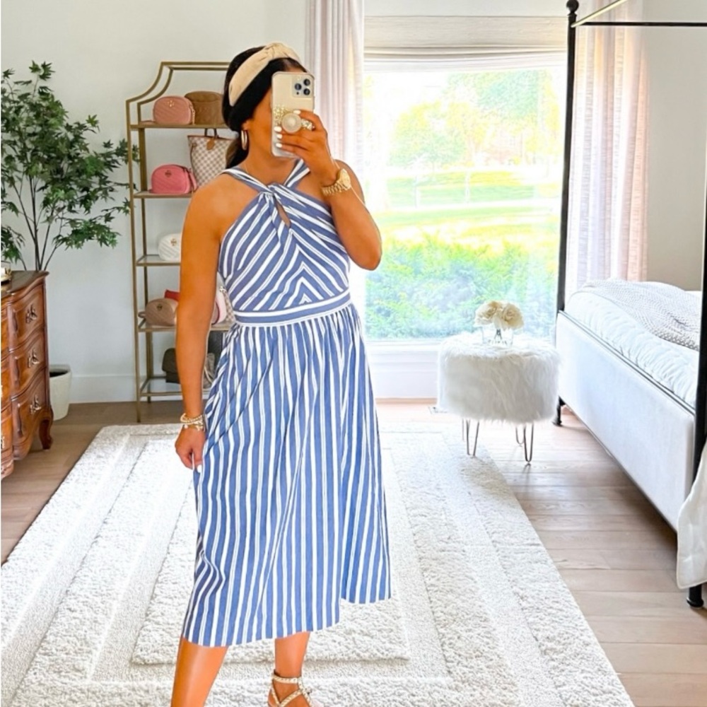 Blue and White Striped Midi Dress